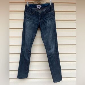 Paige dark blue slightly distressed midrise skinny jeans, pockets, zipper, 25